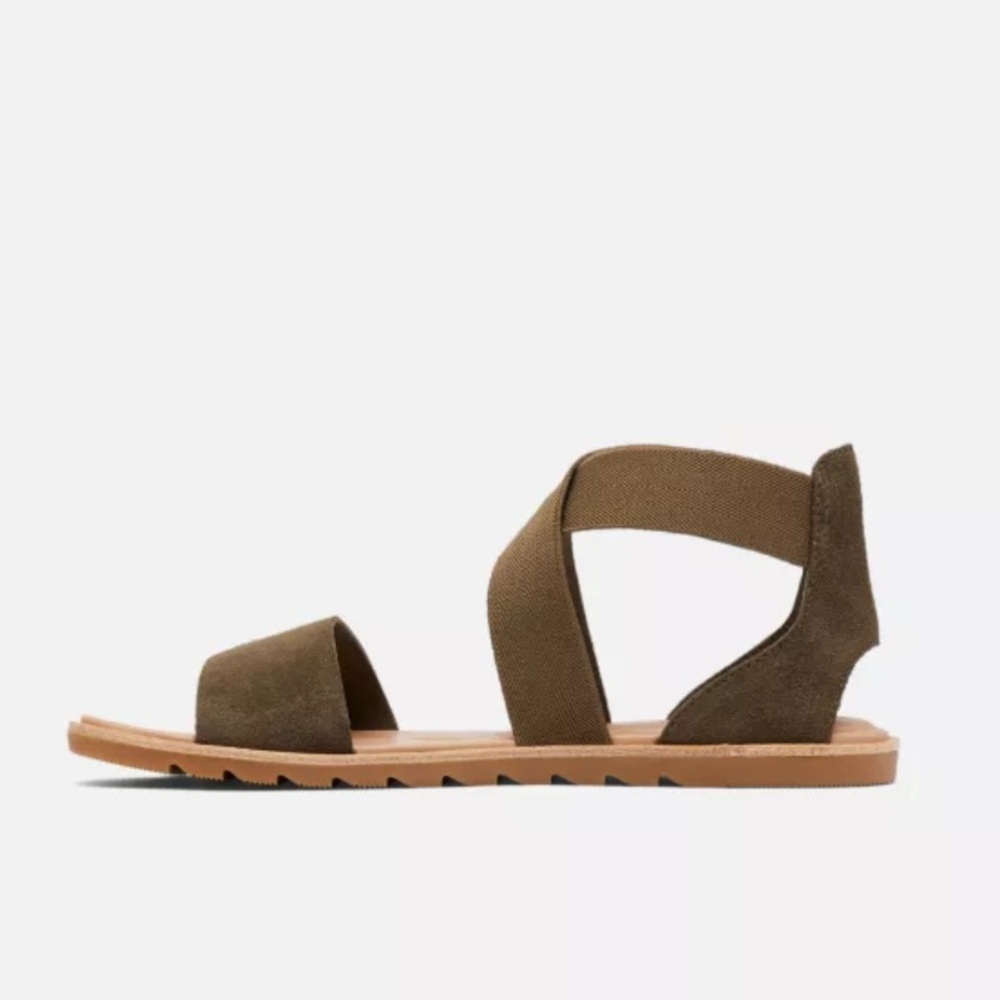Sorel Ella ll Olive Green Suede Flat Sandals - Picture 3 of 12